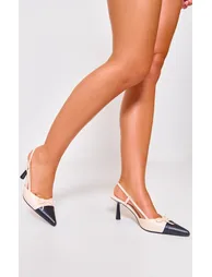 Black and Cream Point Toe Bow Detail High Stiletto Court Heels - 1