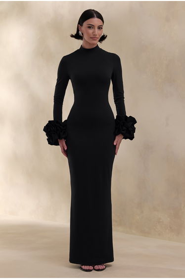 Jaselle | Black High-Neck Maxi Dress With Ruffled Satin-Cuffs
