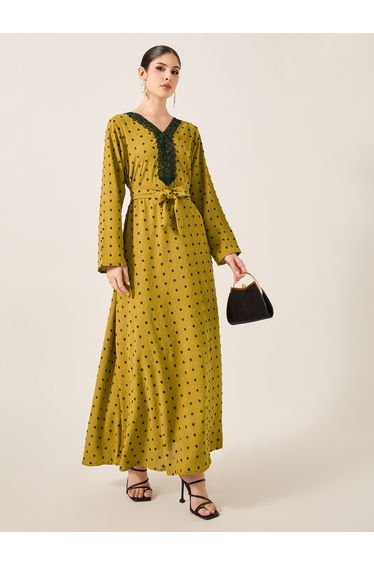 Dobby Lace Detail V-Neck Belted A-Line Jalabyia