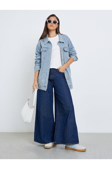 Women Blue Panelled Oversized Denim Jacket