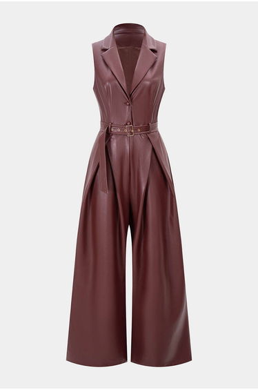 Faux Leather Belted Tank Sleeveless Jumpsuit
