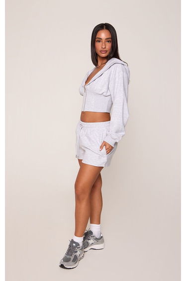 Petite Ash Grey Interlock Embroidered Cinch Waist Zip Hoodie