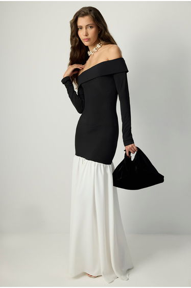 DRAPE COLLAR CONTRAST DRESS