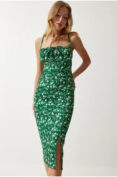 Women's Green Yellow Floral Slit Summer Knitted Dress