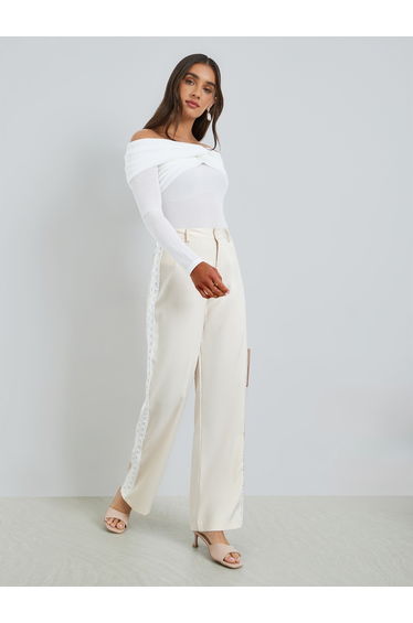 Women Beige Wide Leg Trousers with Lace Detail