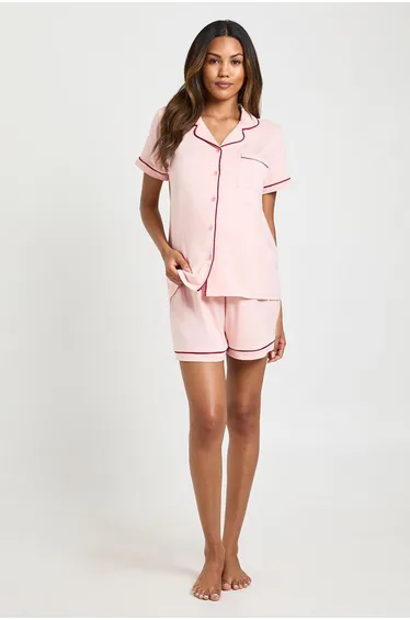 Maternity Jersey Piping Short Sleeve And Shorts - baby pink