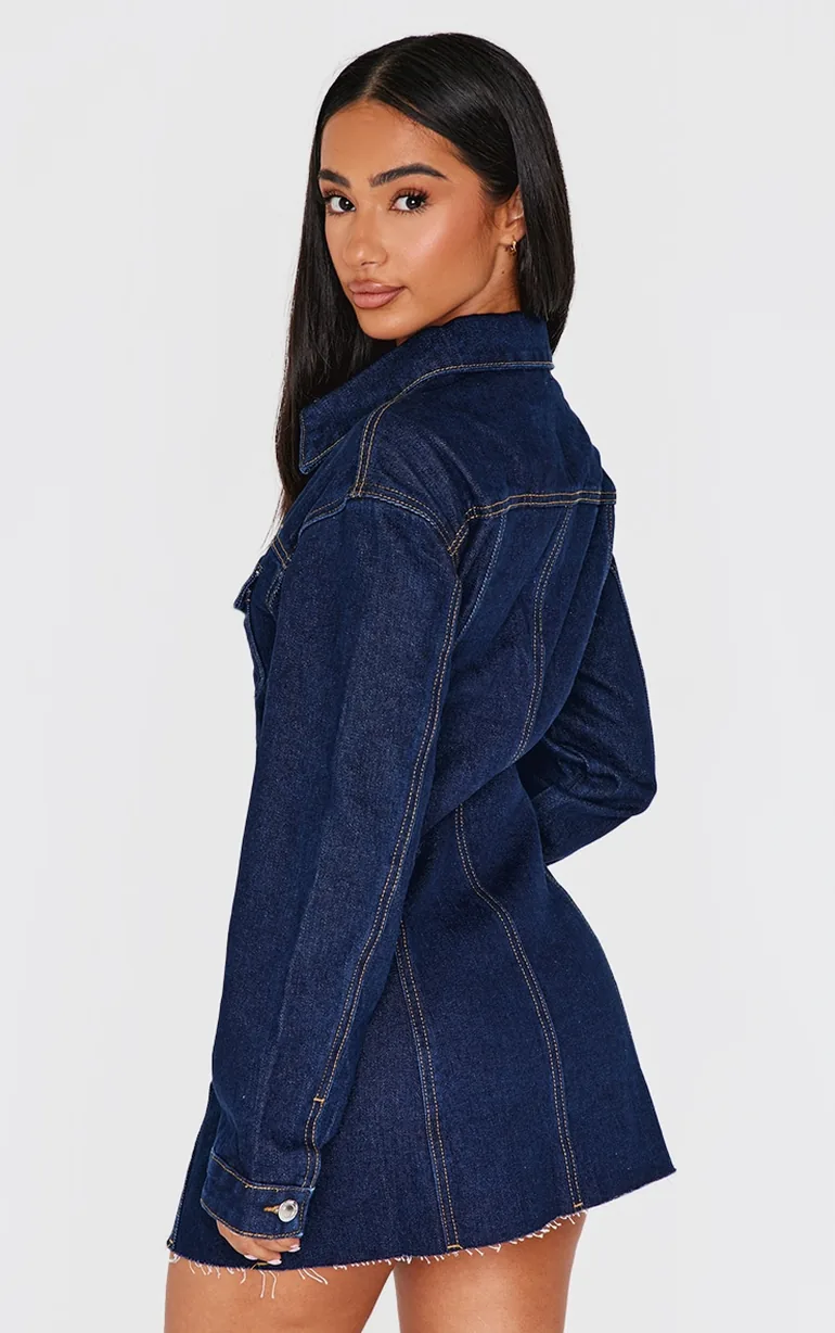washed indigo denim long sleeve belt detail fitted mini dress Petite Washed Indigo Denim Long Sleeve Belt Detail Fitted Mini Dress