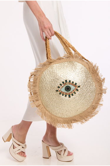 Evil Eye Sequin Round Fringe Jute Tote Bag