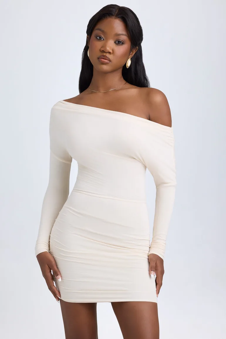 white ruched off the shoulder mini dress Modal Off-Shoulder Ruched Mini Dress in Ivory Oh Polly White : Party Dresses  : VogaCloset Oman