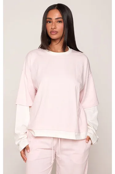 Petite Baby Pink Contrast Long Sleeve Boxy T-Shirt