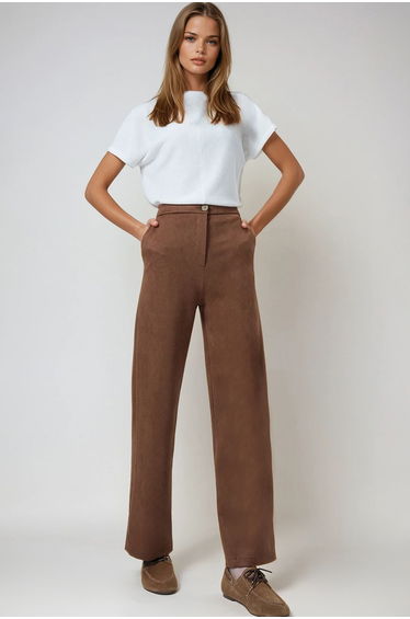 Women's Cinnamon Brown Double Pocket Elastic Waist Faux Suede Palazzo Pants