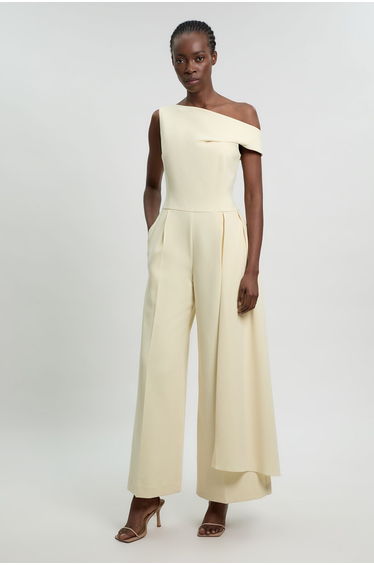 Compact Stretch Asymmetric Neck Wide Leg Jumpsuit