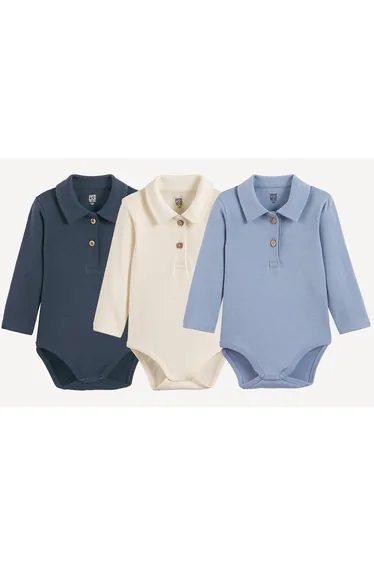 Pack of 3 Newborn Long Sleeve Buttoned Polo Collar Bodysuits