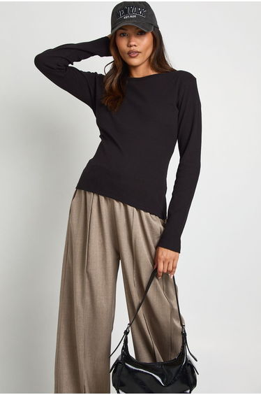 Maternity Basic Rib Long Sleeve Longline Fitted Top - black
