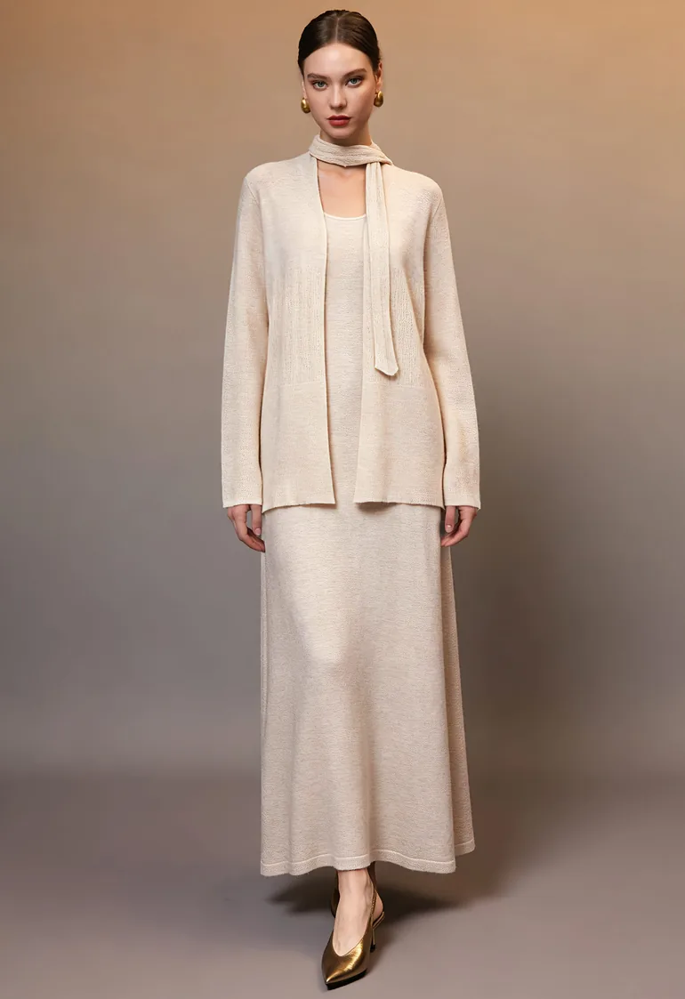 Scarf-Accent Sleeveless Dress and Cardigan Knit Set in Oatmeal for Home Lounging & Market Strolls