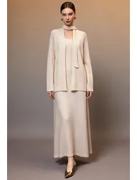 Scarf-Accent Sleeveless Dress and Cardigan Knit Set in Oatmeal for Home Lounging & Market Strolls