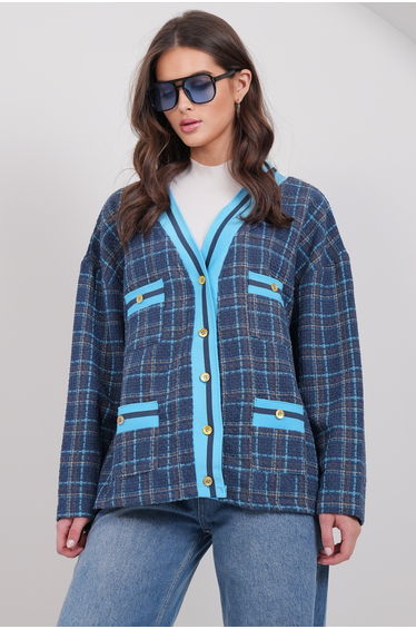 Women's Navy Blue Pocket Detailed Tweed Ribbed Unlined Jacket