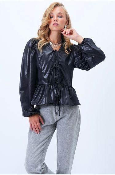 Women's Black Princess Sleeveless Detailed Ruffled Faux Leather Blouse