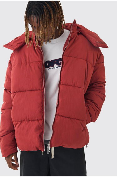 Tall Extended Funnel Neck Hooded Puffer Jacket In Rust