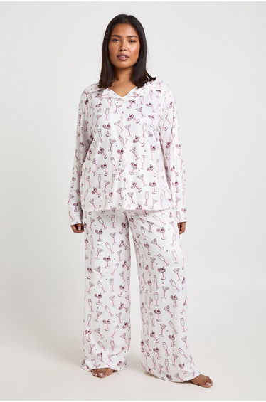 Plus Bows And Cocktails Print Long Sleeve Shirt & Trouser Pyjama Set - white