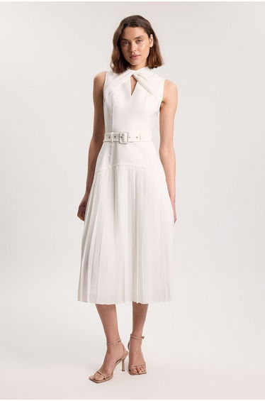 Ponte And Textured Georgette Button Mix Cut Out Detail Pleated Maxi Dress