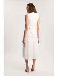 Ponte And Textured Georgette Button Mix Cut Out Detail Pleated Maxi Dress - 2