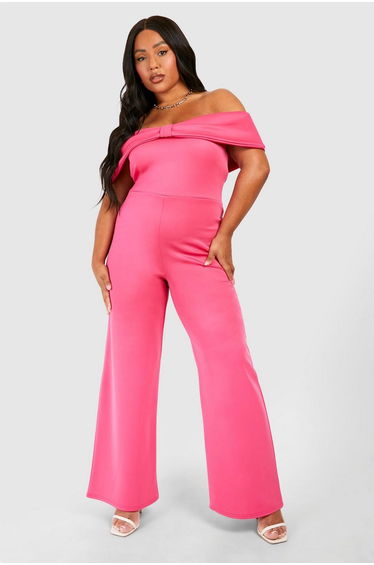 Plus Scuba Bow Detail Bardot Jumpsuit - hot pink
