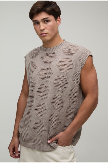 Oversized Open Stitch Geo Knitted Tank - taupe