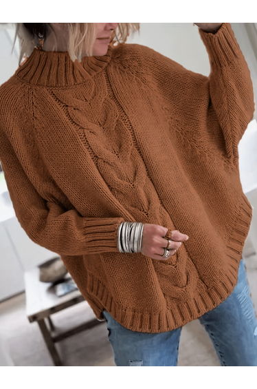 Plus Size Solid High Neck Cable Knit Sweater