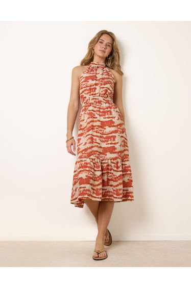 Blurred Tiered Halter Neck Midi Dress