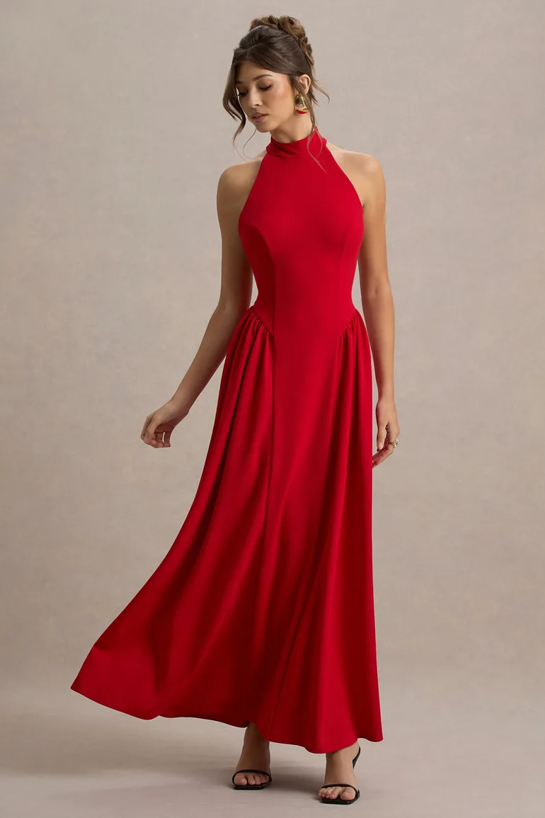 Cynthia | Red High-Neck Maxi Dress With Volume Skirt - 3