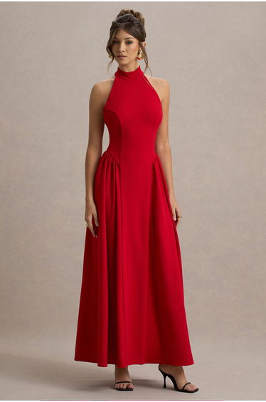 Cynthia | Red High-Neck Maxi Dress With Volume Skirt
