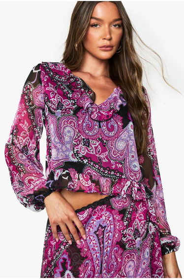 Paisley Chiffon Ruffle Blouse - purple