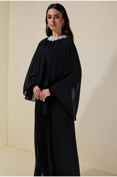 Rhinestone Rivets Pleated Cape Sleeve Midi Dress