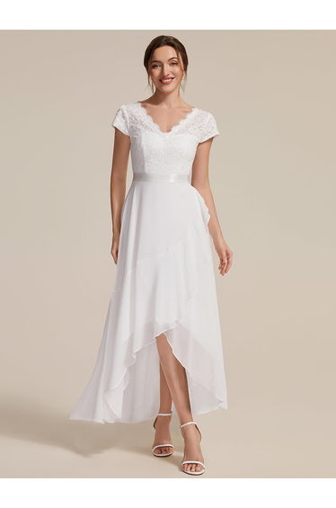 Deep V-Neck Lace Cap Sleeve Evening Dress