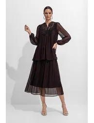 Made For Moments Brown Lace Embroidered Silk Top & Skirt Set