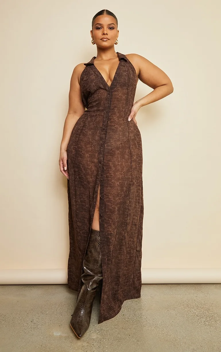 Plus Chocolate Croc Print Chiffon Maxi Dress - 2
