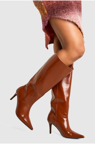 Premium Leather Look Pointed Knee High Boots - tan