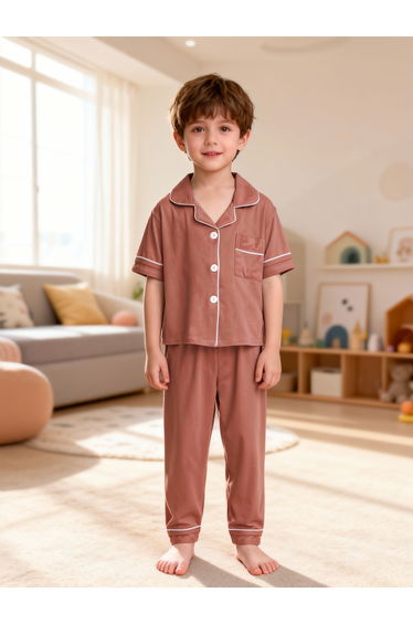 Boys Coffee Brown Short Sleeve Shirt and Pyjama Set