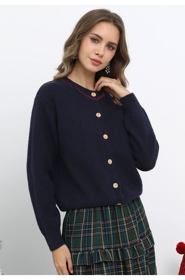 Contrast Stitch Trimmed Button Knit Cardigan in Navy