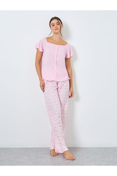 Button Through Lettuce Hem Top and Bow Print Pyjama Set