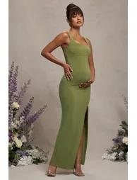 Avril | Olive Square Neck Maternity Maxi Dress with Split - 3