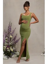 Avril | Olive Square Neck Maternity Maxi Dress with Split - 4