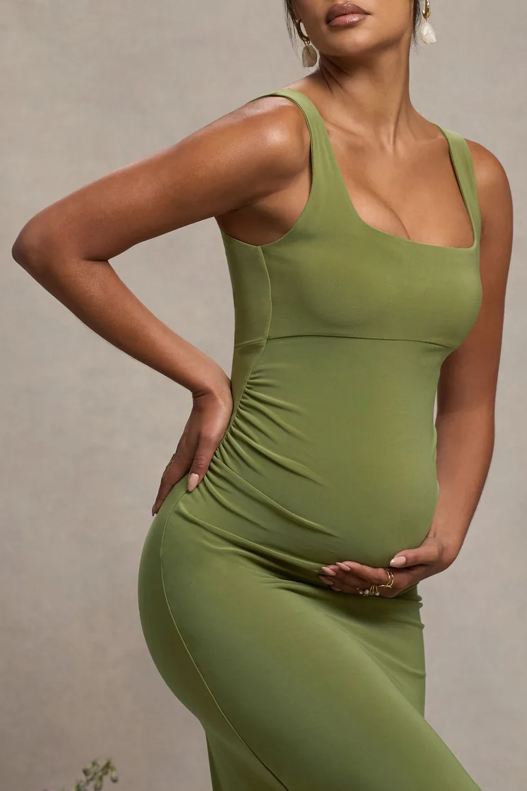 Avril | Olive Square Neck Maternity Maxi Dress with Split - 2