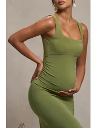 Avril | Olive Square Neck Maternity Maxi Dress with Split - 2