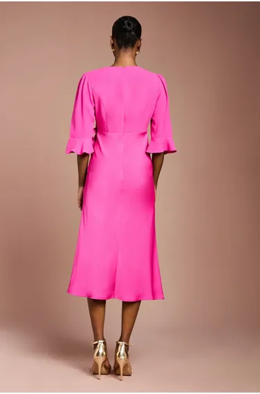 Ruffle Sleeve Satin Back Crepe Wrap Dress