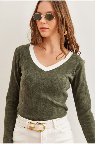 Women's Khaki White Collar Detailed Raised Lycra Top