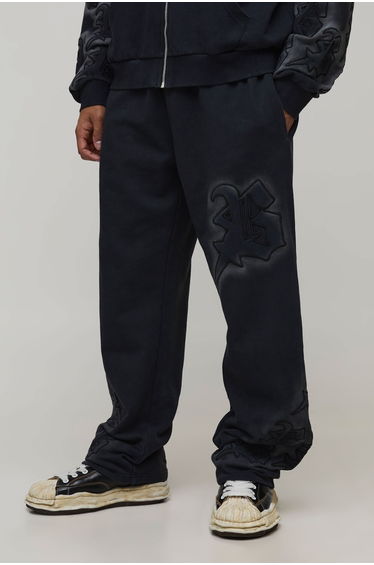 Baggy Fit Applique Washed Joggers - black