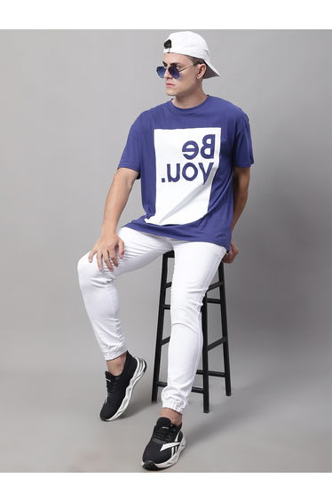 Men Navy Blue Graphic Print Oversized T-Shirt