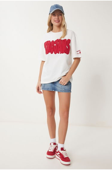 Women's Ecru Slogan Beaded Cotton T-Shirt